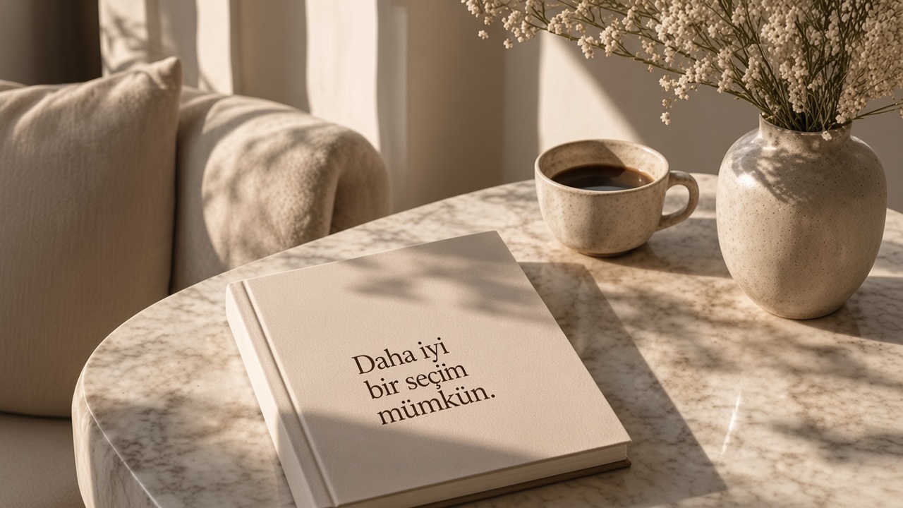 Mermer masada kitap, kahve ve çiçekler