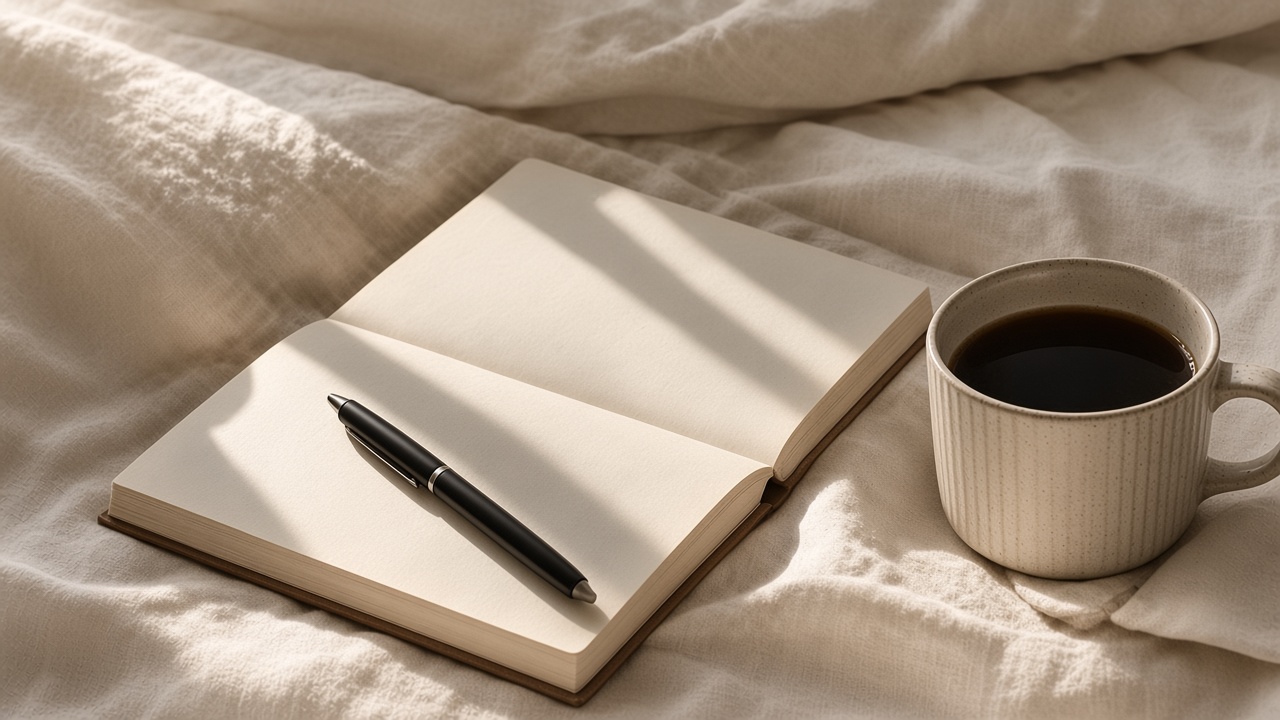 Açık defter, kalem ve kahve